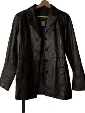 Outbrook Vintage Black Genuine Leather Jacket / Blazer buttons belt, Size S